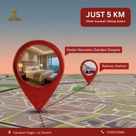 Heavens Garden Empire is a premium hotel located just 15 km from Guwahati Railway Station, offering comfortable stays and modern amenities.